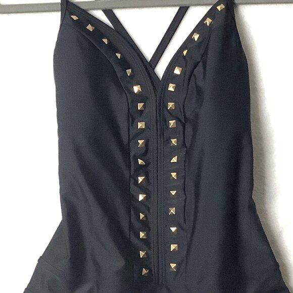 BLEU Rod Beattie One Piece Swimsuit Women Size 6 Black Metal Detail Low Back - Picture 2 of 6